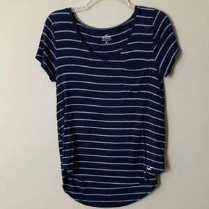 Hollister Navy and White Striped Short Sleeve Tee